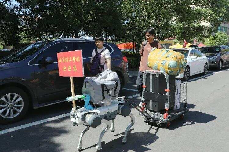 高校迎新太卷了！机器人当“迎宾”学长开叉车搬行李还有人“爱心投喂”(图2)